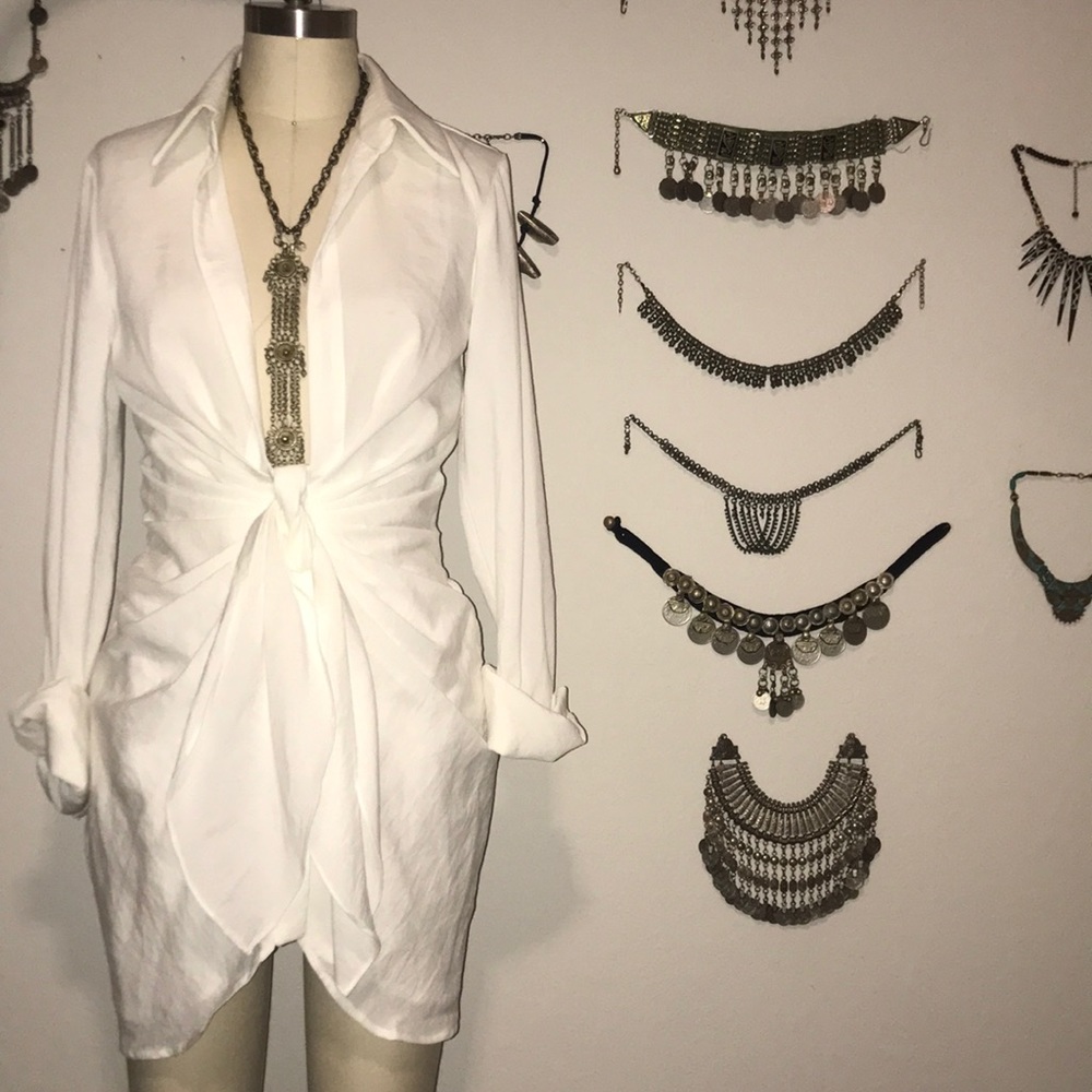Choosy White Plunge Tie Front Mini Dress